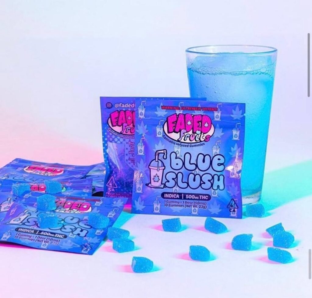 Faded Fruits Blue Slush gummies with a blue drink and loose gummies